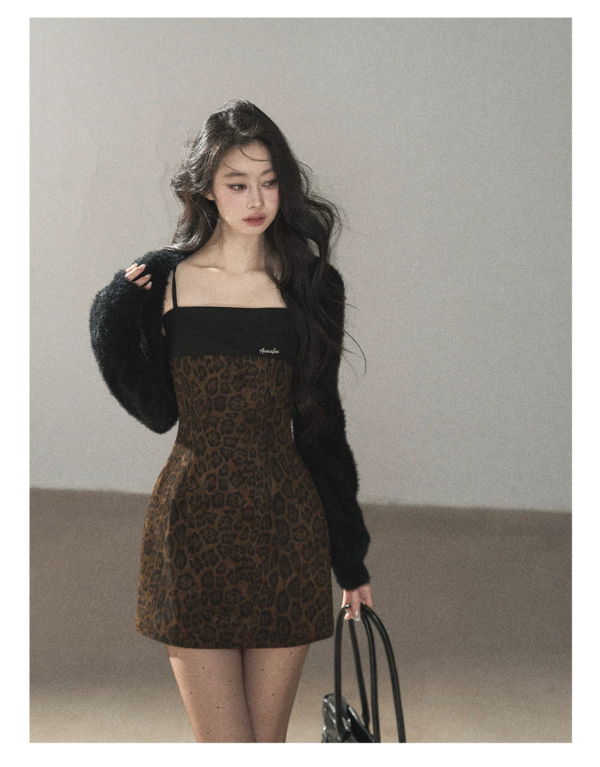 AOMALM - "Wildland Reverie" Slate Brown Leopard Print Fitted Cami Dress & Obsidian Black Shawl
