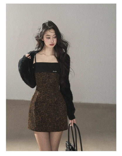 AOMALM - "Wildland Reverie" Slate Brown Leopard Print Fitted Cami Dress & Obsidian Black Shawl