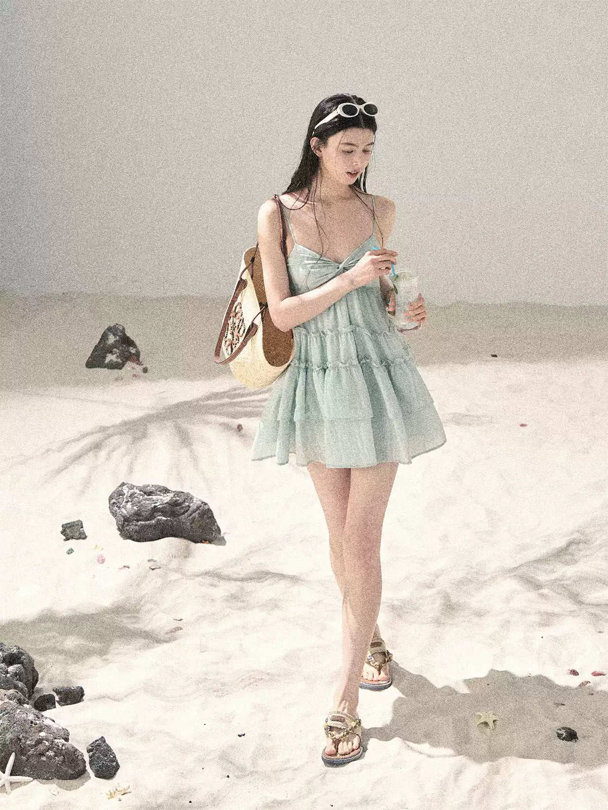 "Mossy Stone Steps" Primrose Green Tiered Cami Mini Dress