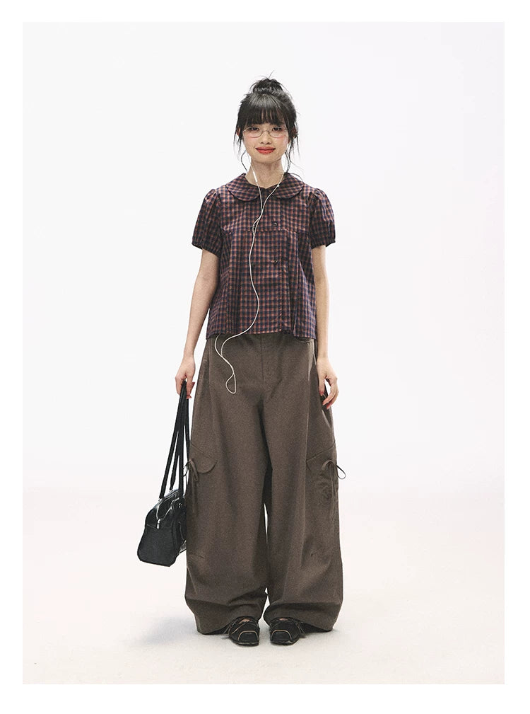 "Retro Plaid Sweetheart" Navy Orange Check Cotton Peter Pan Collar Blouse