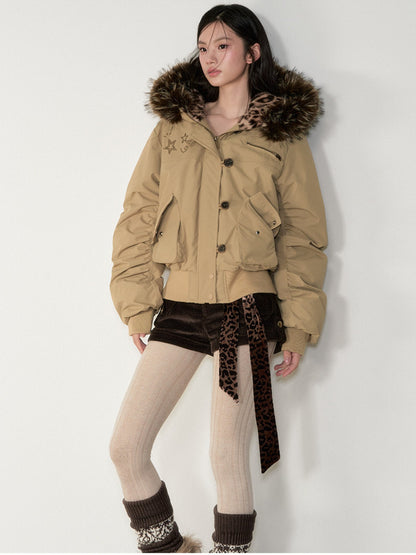 Soote Season - Studded Aviator Hooded Down Jacket with Faux Fur Collar