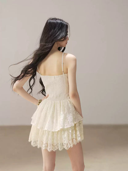 AOMALM - French Lace Double-Ruffle Camisole Dress