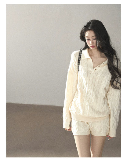 AOMALM - Dutch Cream Cable Knit Sweater & Shorts Set with Shawl