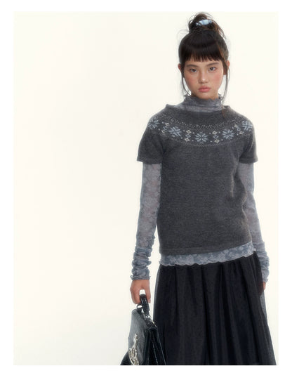 Deep Gray Fair Isle Short-Sleeve Knit Sweater