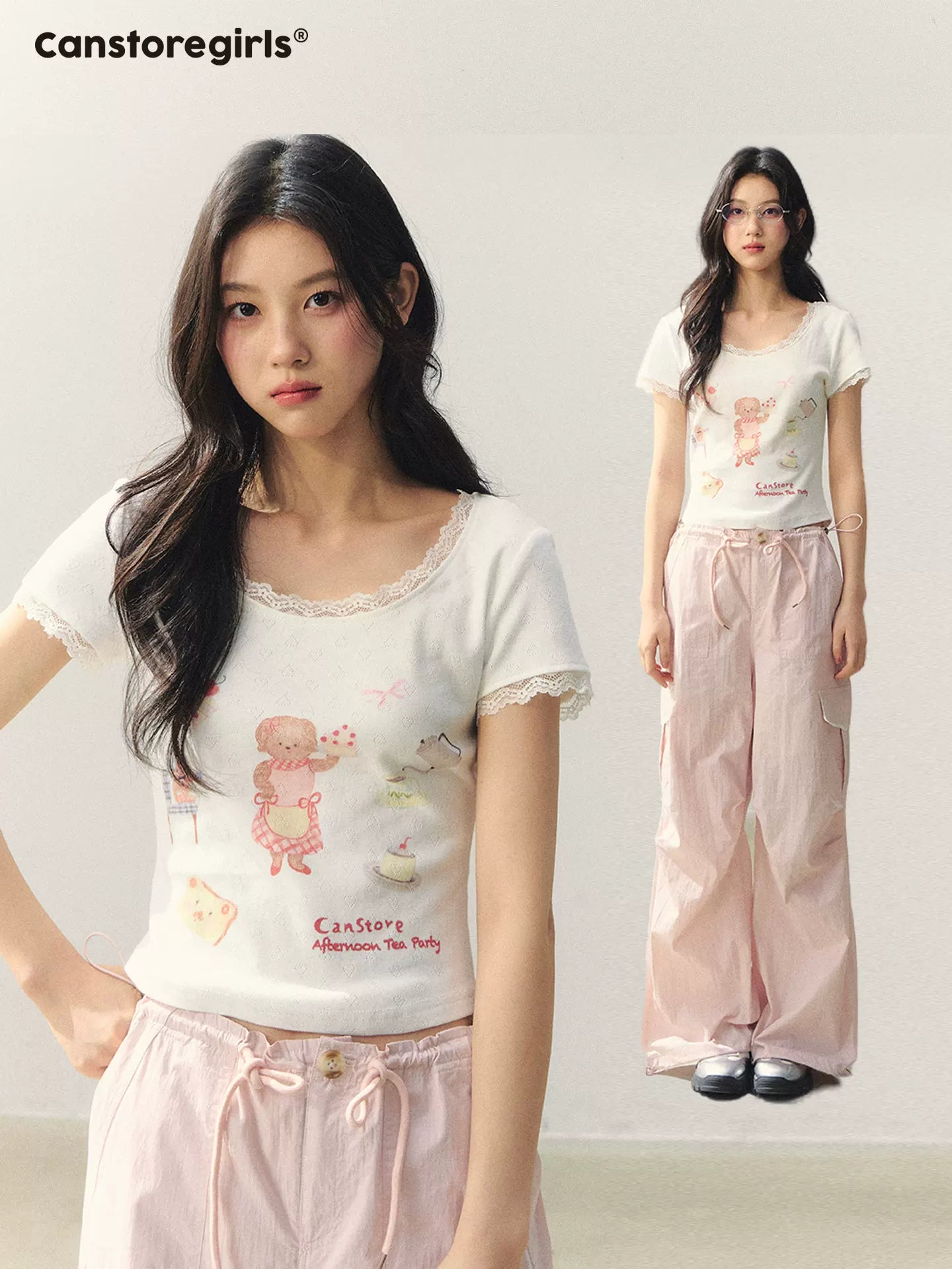 "Puppy Tea Notes" Lace Trim Knit Tee LL2026035