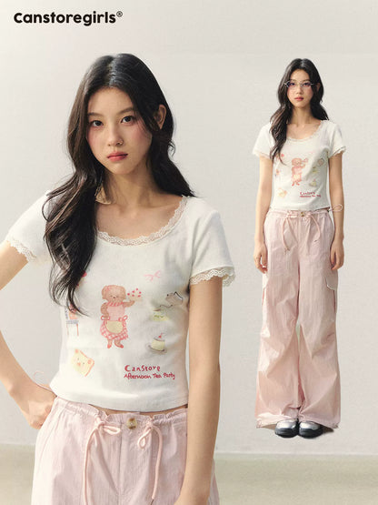"Puppy Tea Notes" Lace Trim Knit Tee LL2026035
