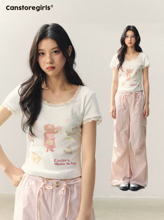 "Puppy Tea Notes" Lace Trim Knit Tee LL2026035