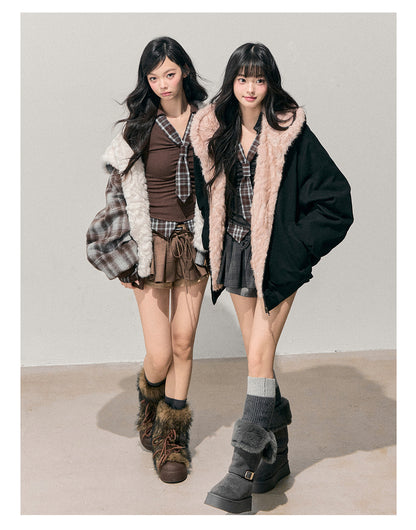 少也眼 “Pride & Prejudice” Reversible Oversize Jacket – Black & Blue Plaid