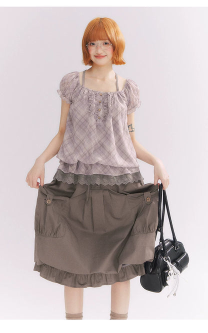 “Sweet & Cool Girl” Taupe Bow Drawstring High-Waist A-Line Cargo Skirt