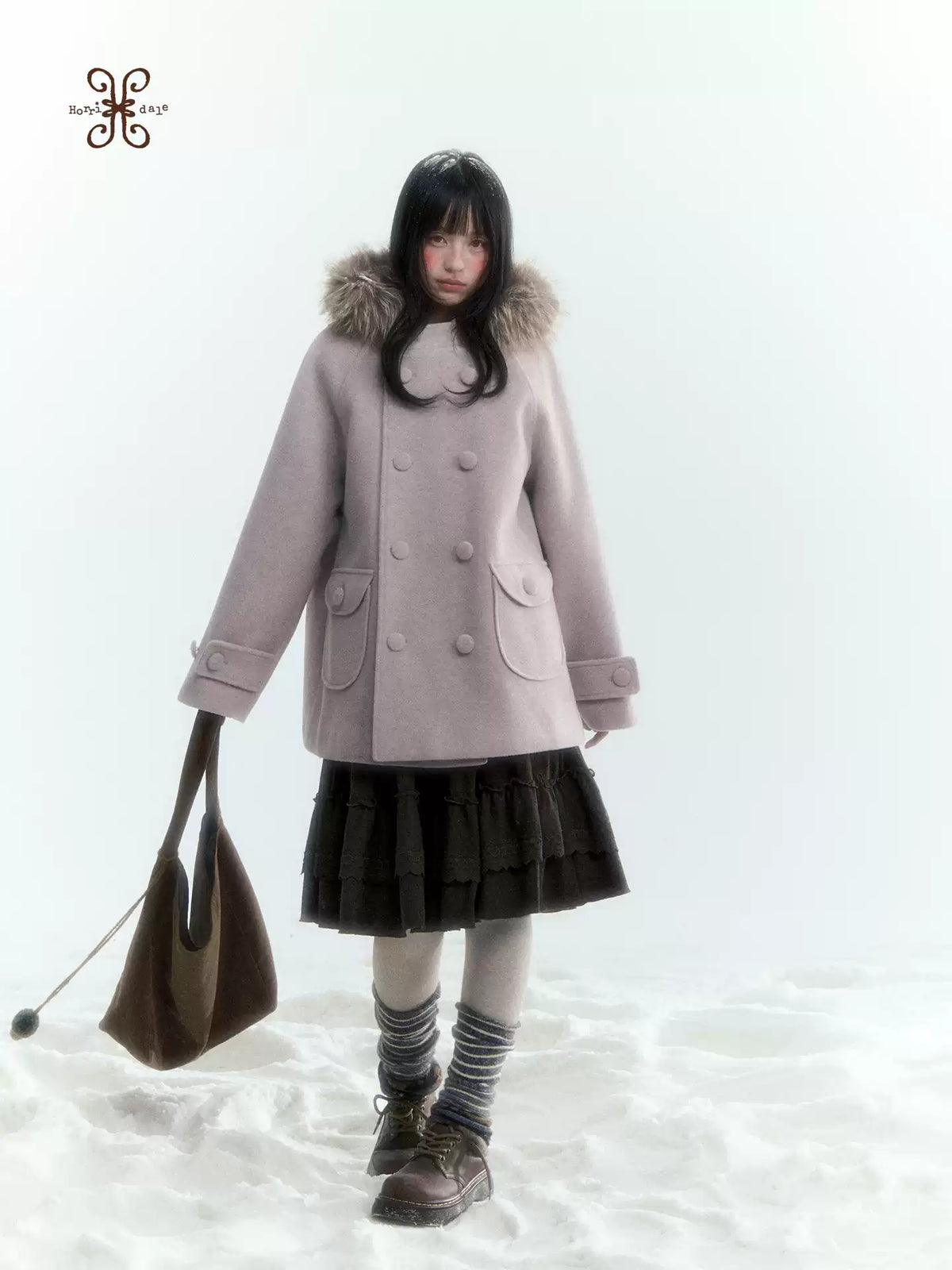 Japanese Hooded Double-Breasted Wool Coat (Deep Charcoal Gray / Taro Purple)