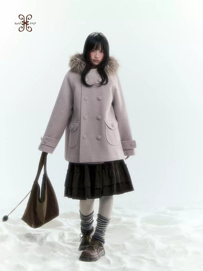 Japanese Hooded Double-Breasted Wool Coat (Deep Charcoal Gray / Taro Purple)