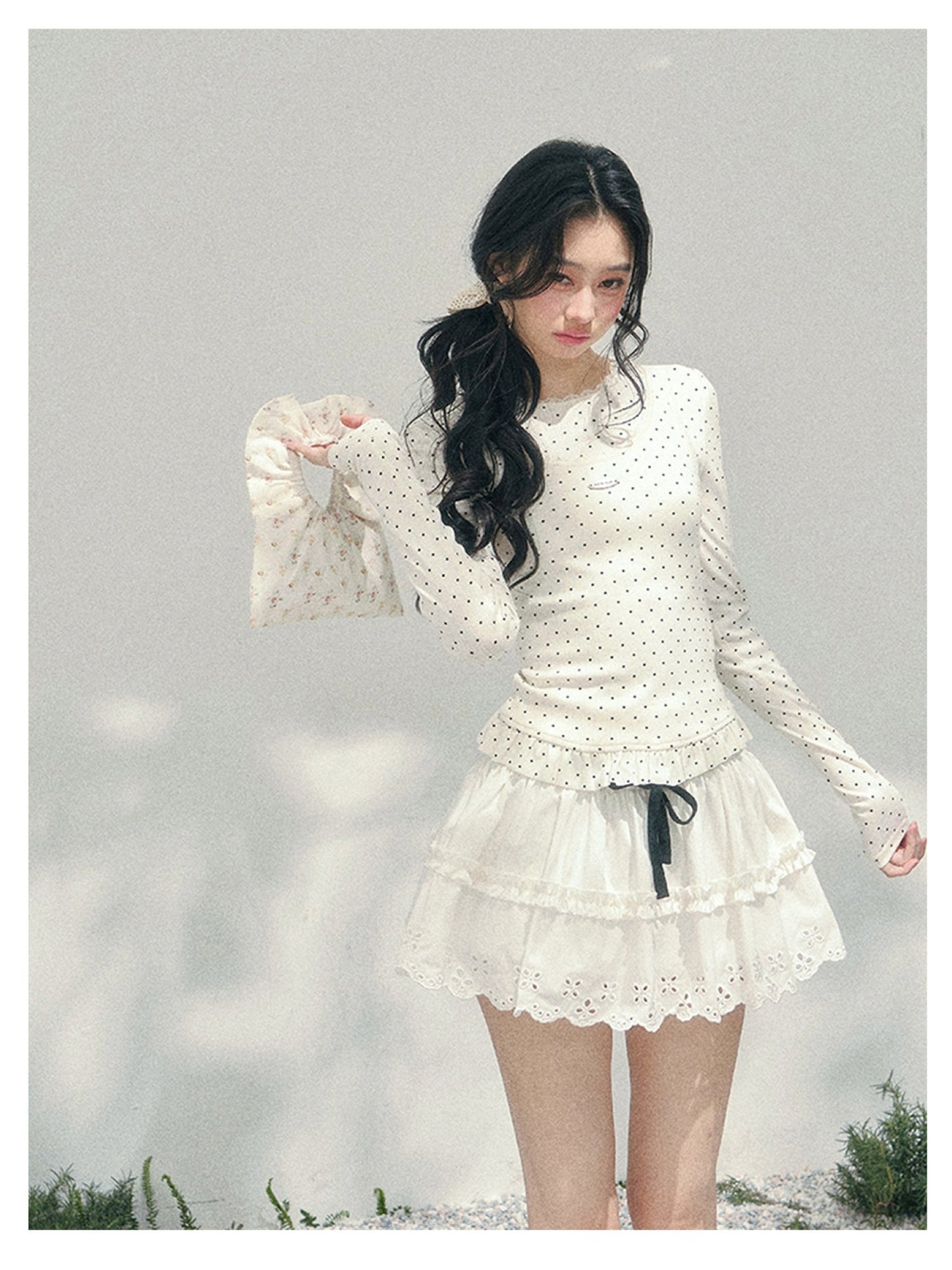 少也眼 “Soft Muse Student” Lace Polka Dot Faux-Layer Shoulder Tee 6747668