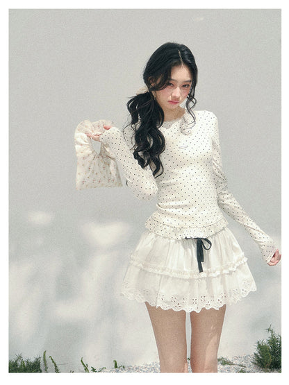 少也眼 “Soft Muse Student” Lace Polka Dot Faux-Layer Shoulder Tee 6747668