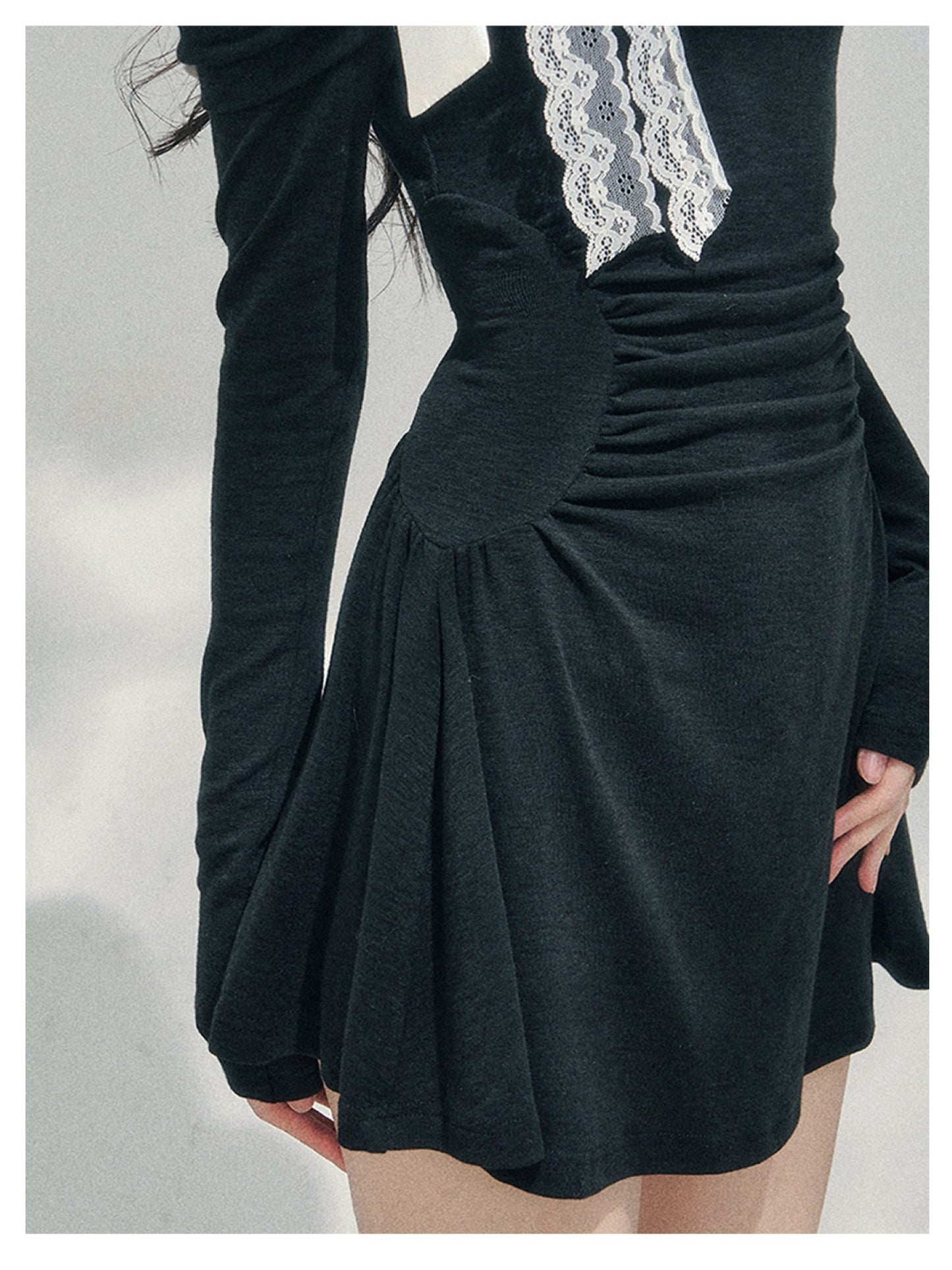 少也眼 “Lingering Warmth Entwined” Layered French Lace One-Shoulder Mini Dress - Serene Black 5435553