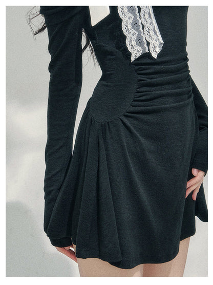 少也眼 “Lingering Warmth Entwined” Layered French Lace One-Shoulder Mini Dress - Serene Black 5435553