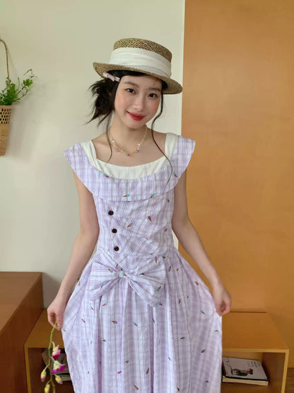 [RF] “Lavender Garden Reverie” Light Purple Bow-Waist Maxi Dress