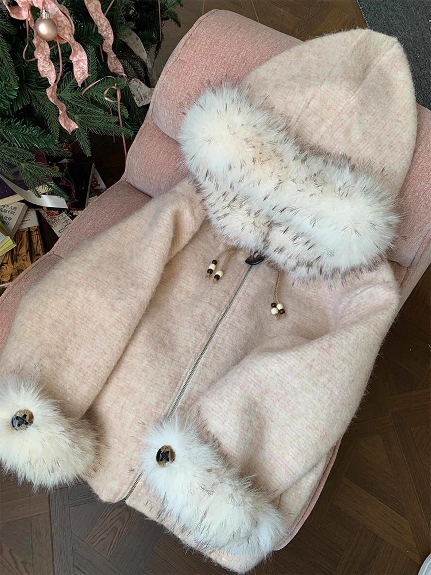 阮阮自制 - Soft Fog Apricot Pink Witch Hooded Wool Coat
