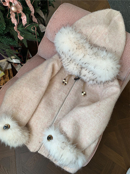 阮阮自制 - Soft Fog Apricot Pink Witch Hooded Wool Coat