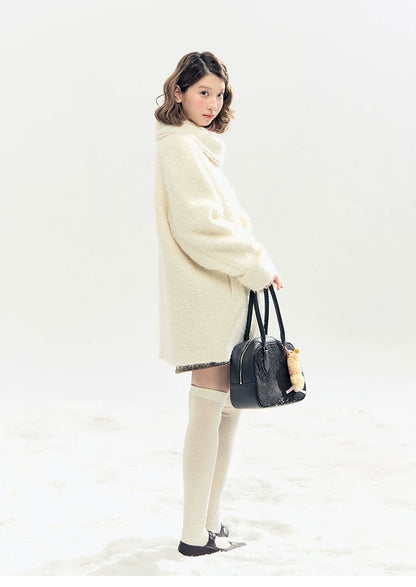 "Snow-Kissed Sakura" Ivory Wool-Blend Quilted Mid-Length Coat with Detachable Plush Flowers