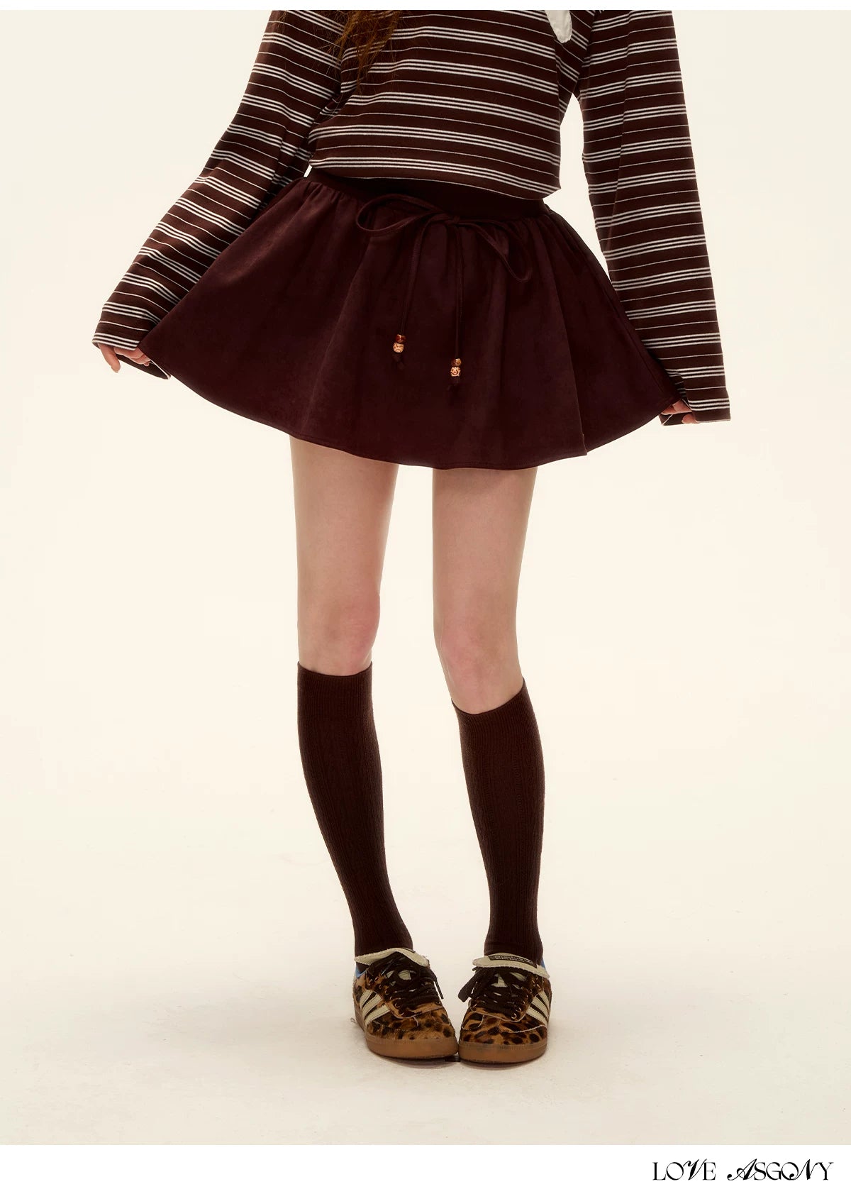 ASGONY - Red Suede Bubble Mini Skirt with Beaded Drawstring