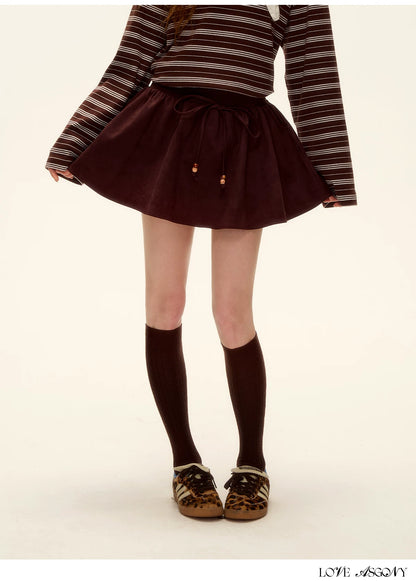 ASGONY - Red Suede Bubble Mini Skirt with Beaded Drawstring