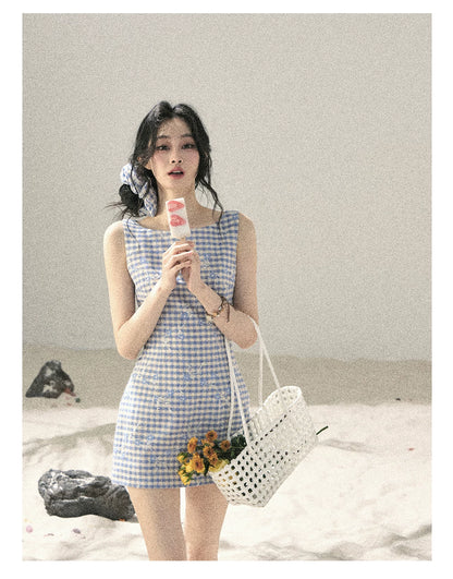 "Sea Breeze Reverie" Sky Blue Embroidered Plaid Mini Dress (With Matching Scrunchie)