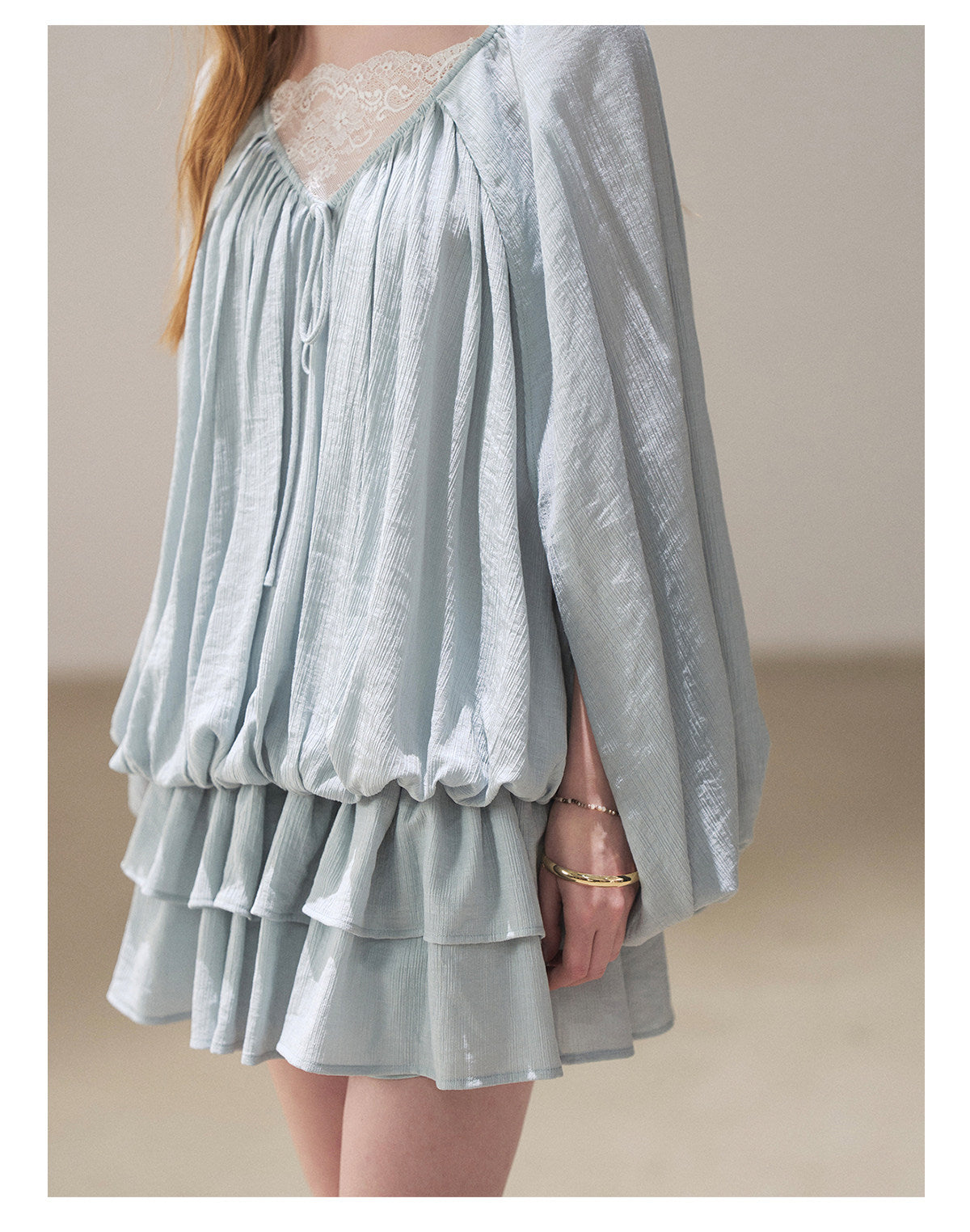 170726 "Falling Into Jacaranda Dreams" Misty Blue Lace Bubble Mini Dress with Shorts