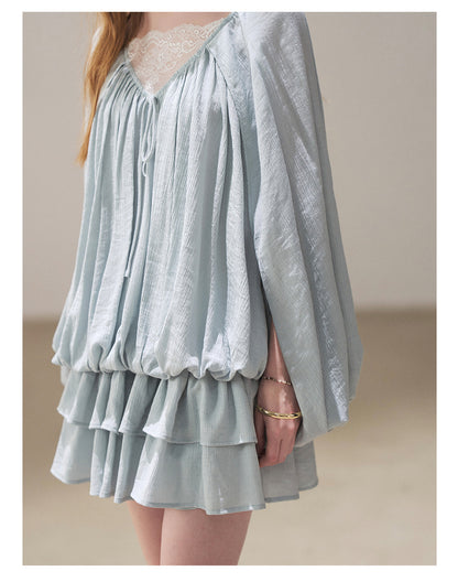 170726 "Falling Into Jacaranda Dreams" Misty Blue Lace Bubble Mini Dress with Shorts