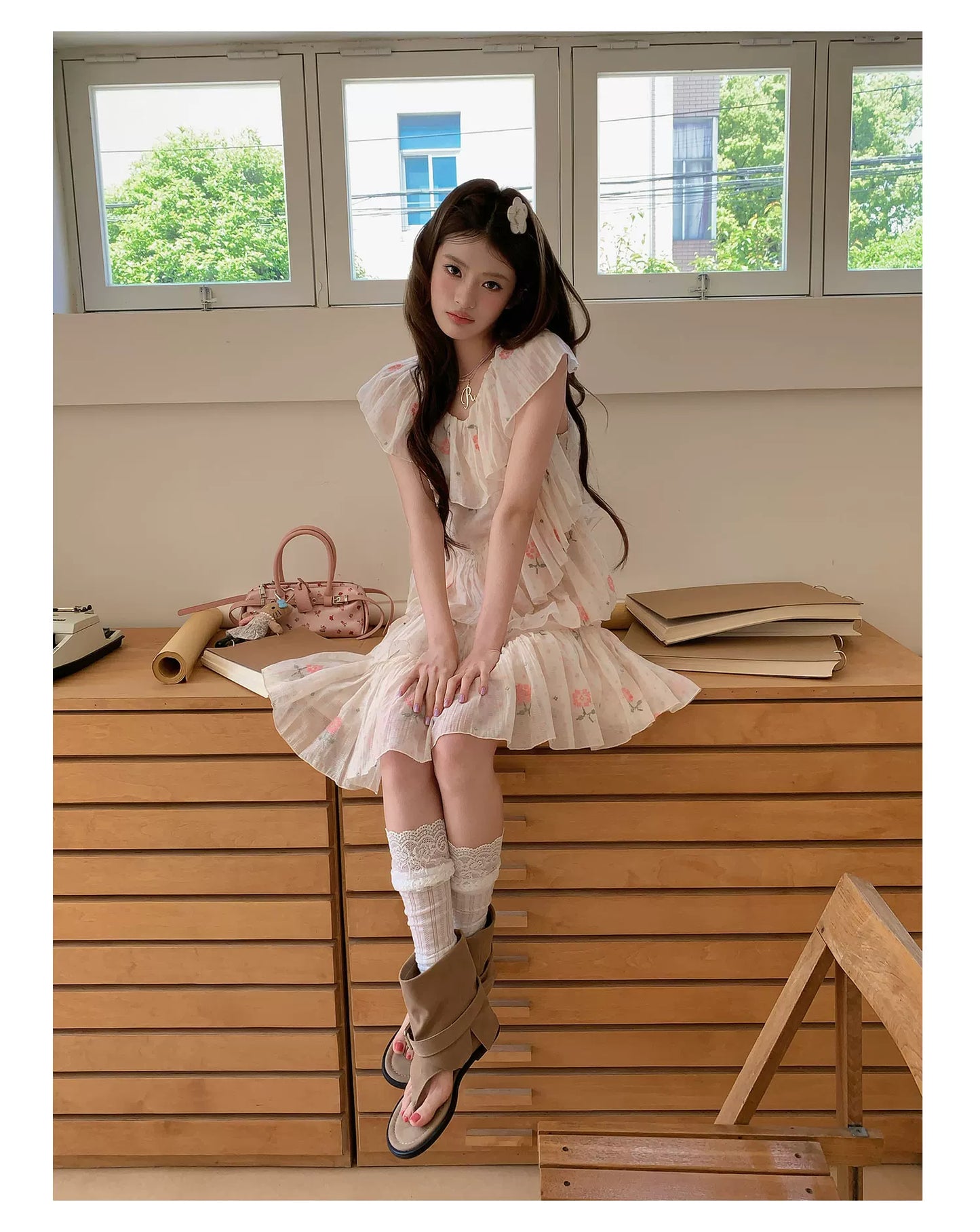 “Cloud Ruffle Reverie” Cream Apricot Floral Ruffle Dress