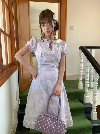 [RF] “Taro Milk Pudding” Purple Plaid Ruffle Midi Dress