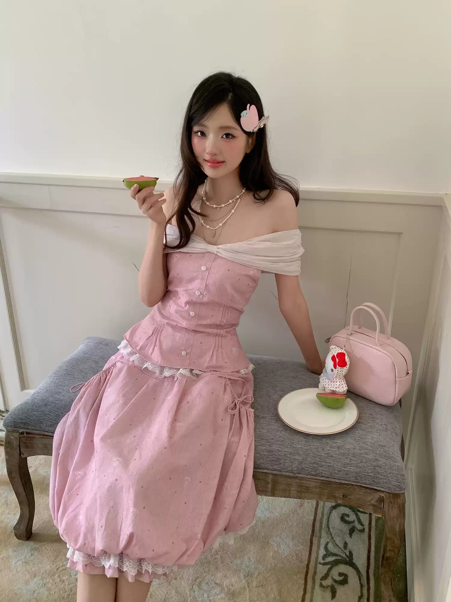 “Peach Mist Starlit Meadow” Pink Off-Shoulder Skirt Set