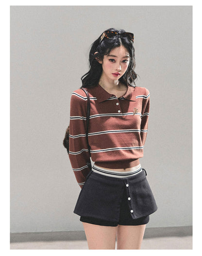 少也眼 “Between Illusion and Reality” Knit Polo Top - Mocha Brown 98465165