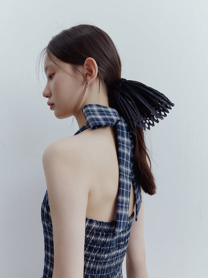 FUSSED Blue Mood Gathered Halter Dress – Dark Night Scottish Plaid FOF-25SS154