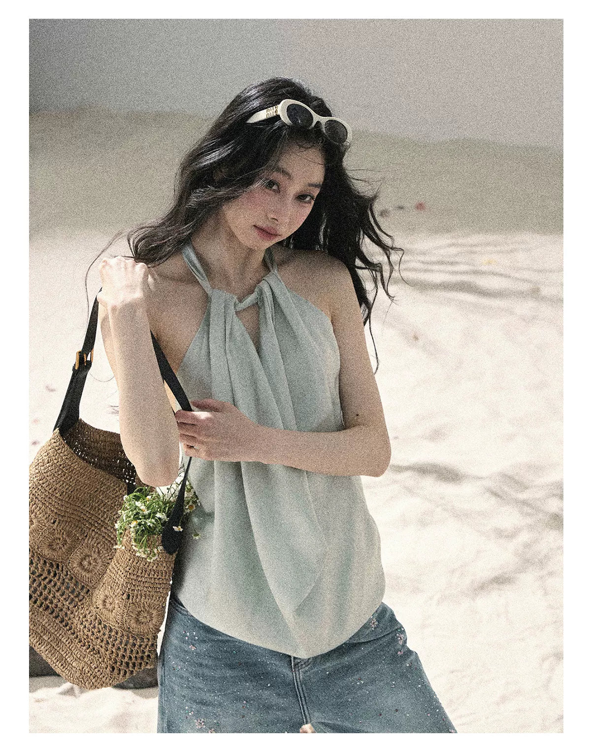 "Flowing Silk Reverie" Light Bean Green Halter Backless Top 536845