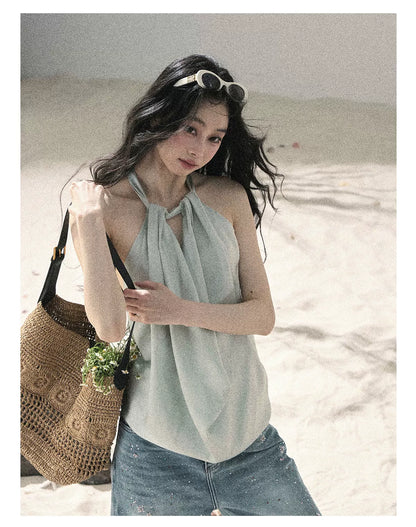 "Flowing Silk Reverie" Light Bean Green Halter Backless Top 536845