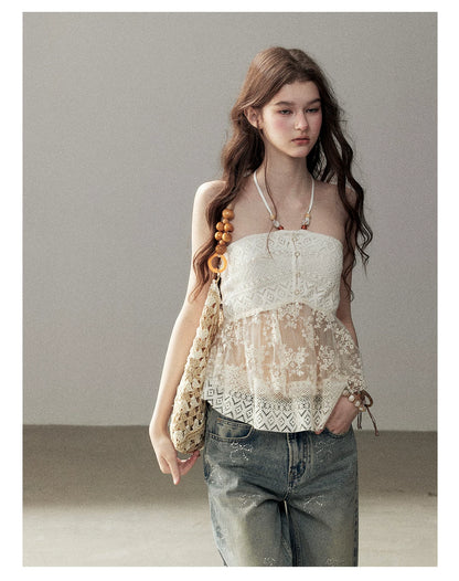 "Passing By the Sea" Vintage Blue Rhinestone Bow Wide-Leg Jeans