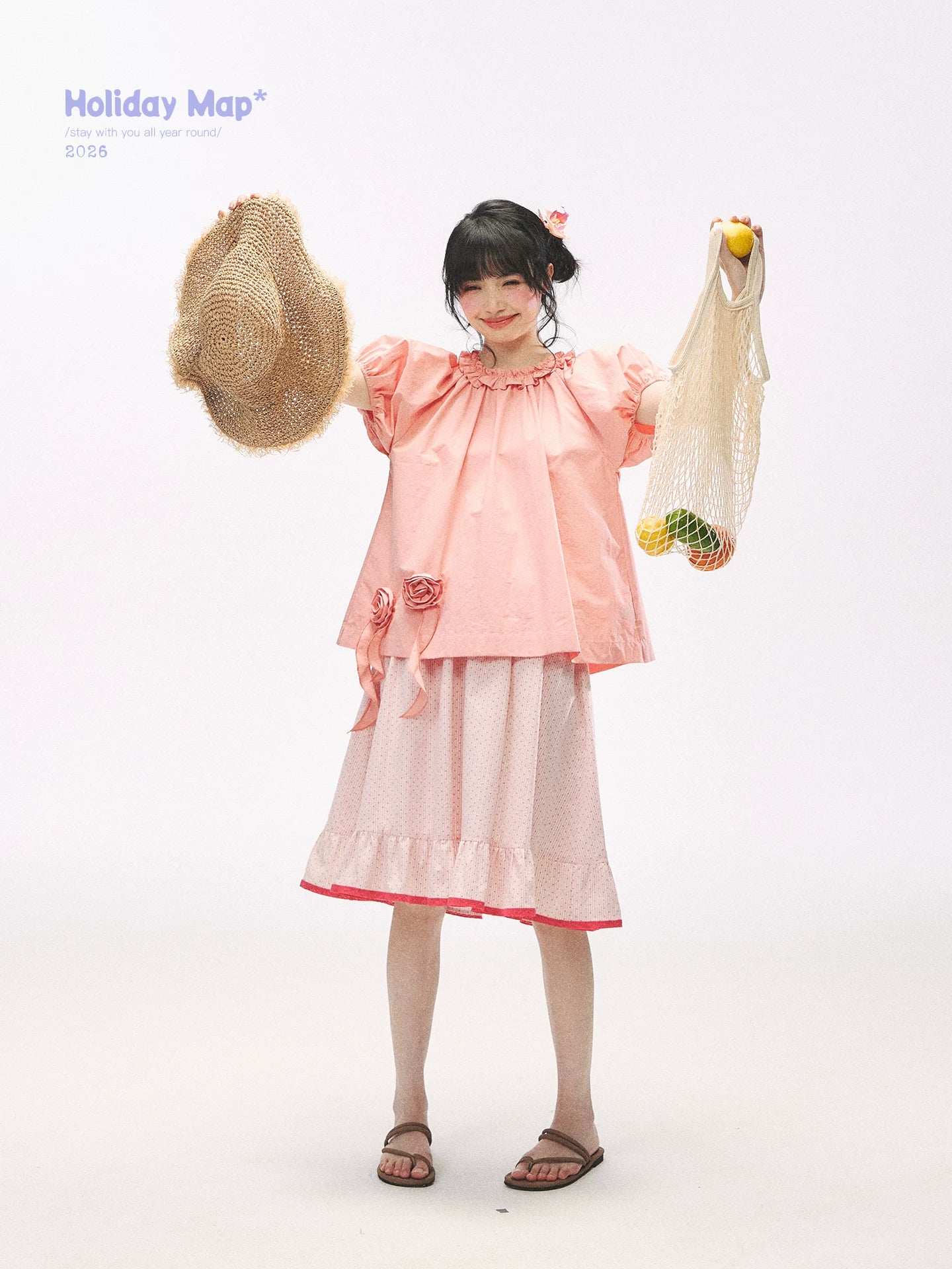 "Pink Grapefruit Bloom" Grapefruit Red Rose Puff Sleeve Blouse