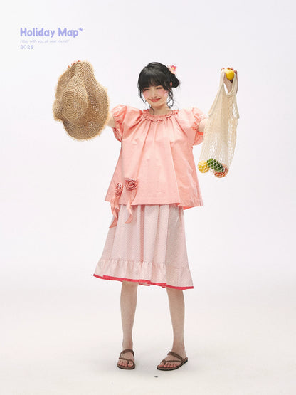 "Pink Grapefruit Bloom" Grapefruit Red Rose Puff Sleeve Blouse