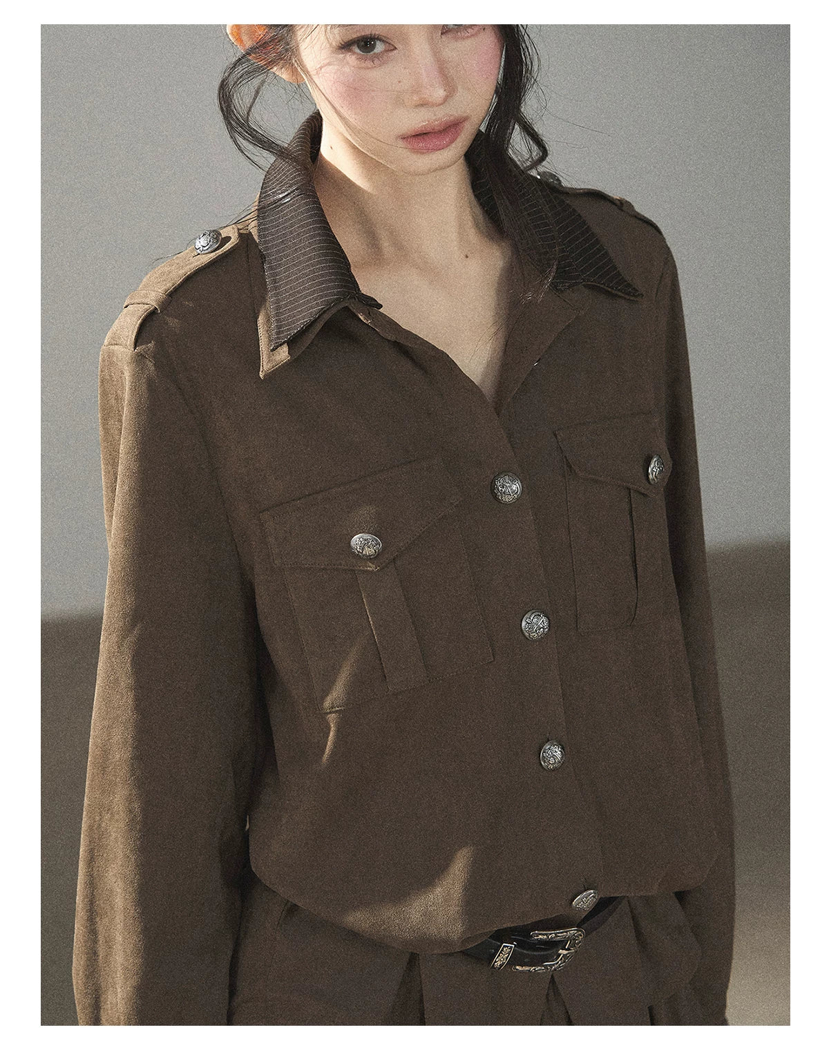 AOMALM - Terracotta Brown Shirt & Pleated Mini Skirt Set (With Belt)