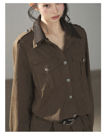 AOMALM - Terracotta Brown Shirt & Pleated Mini Skirt Set (With Belt)