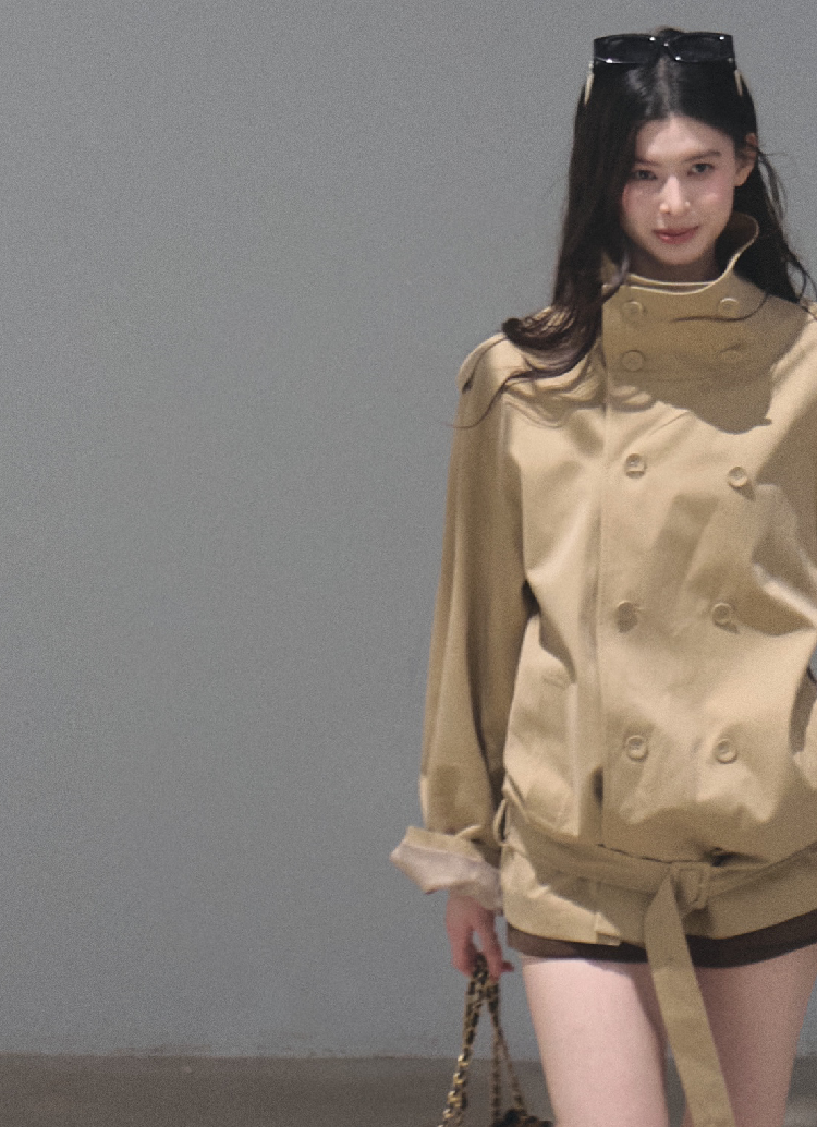 OAKMOO/ Belted Double-Breasted Trench Jacket (Deep Black / Hazel Khaki)