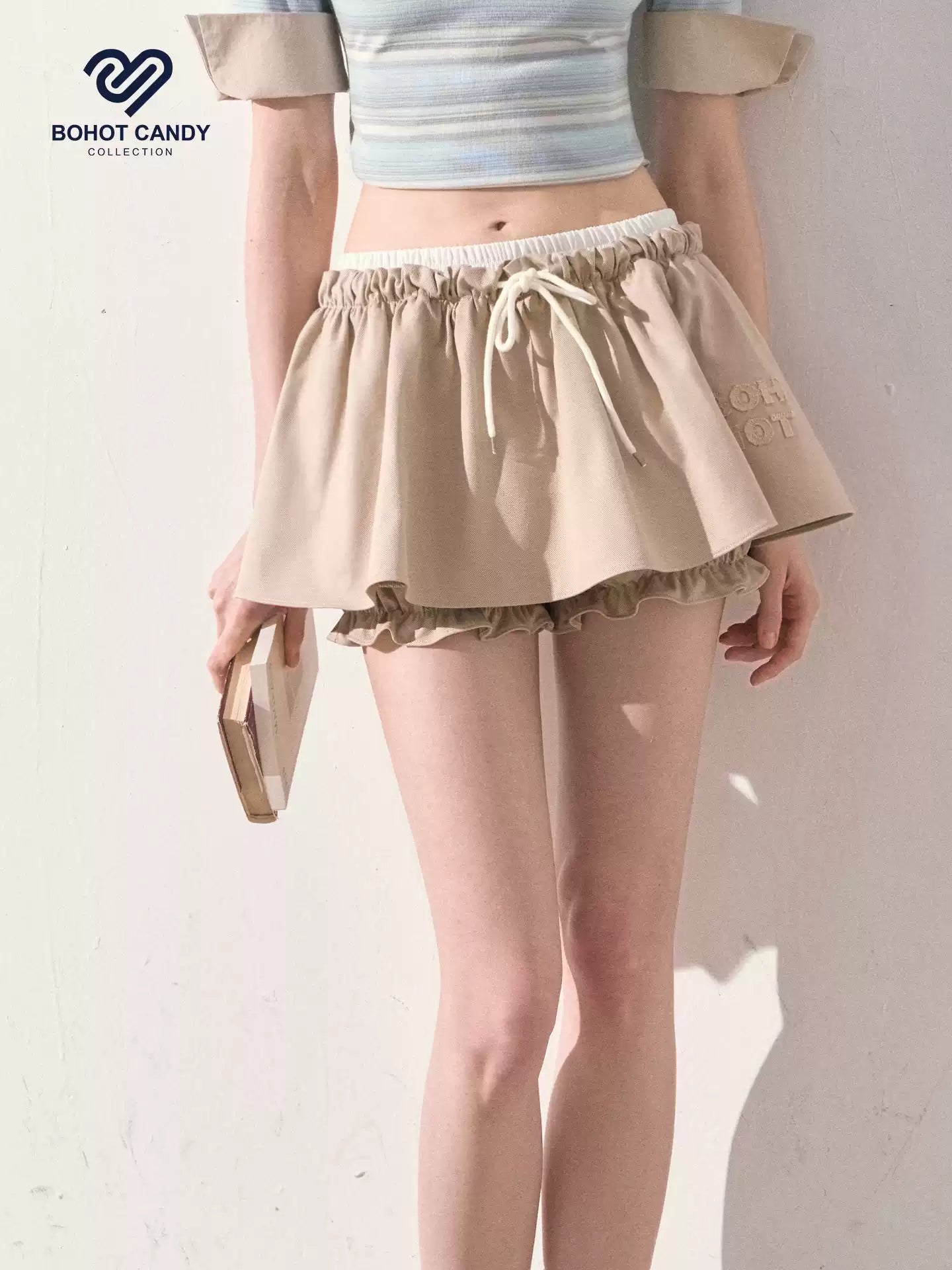 "The Space Between" Beige Drawstring Bubble Mini Skirt