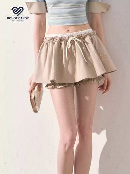 "The Space Between" Beige Drawstring Bubble Mini Skirt
