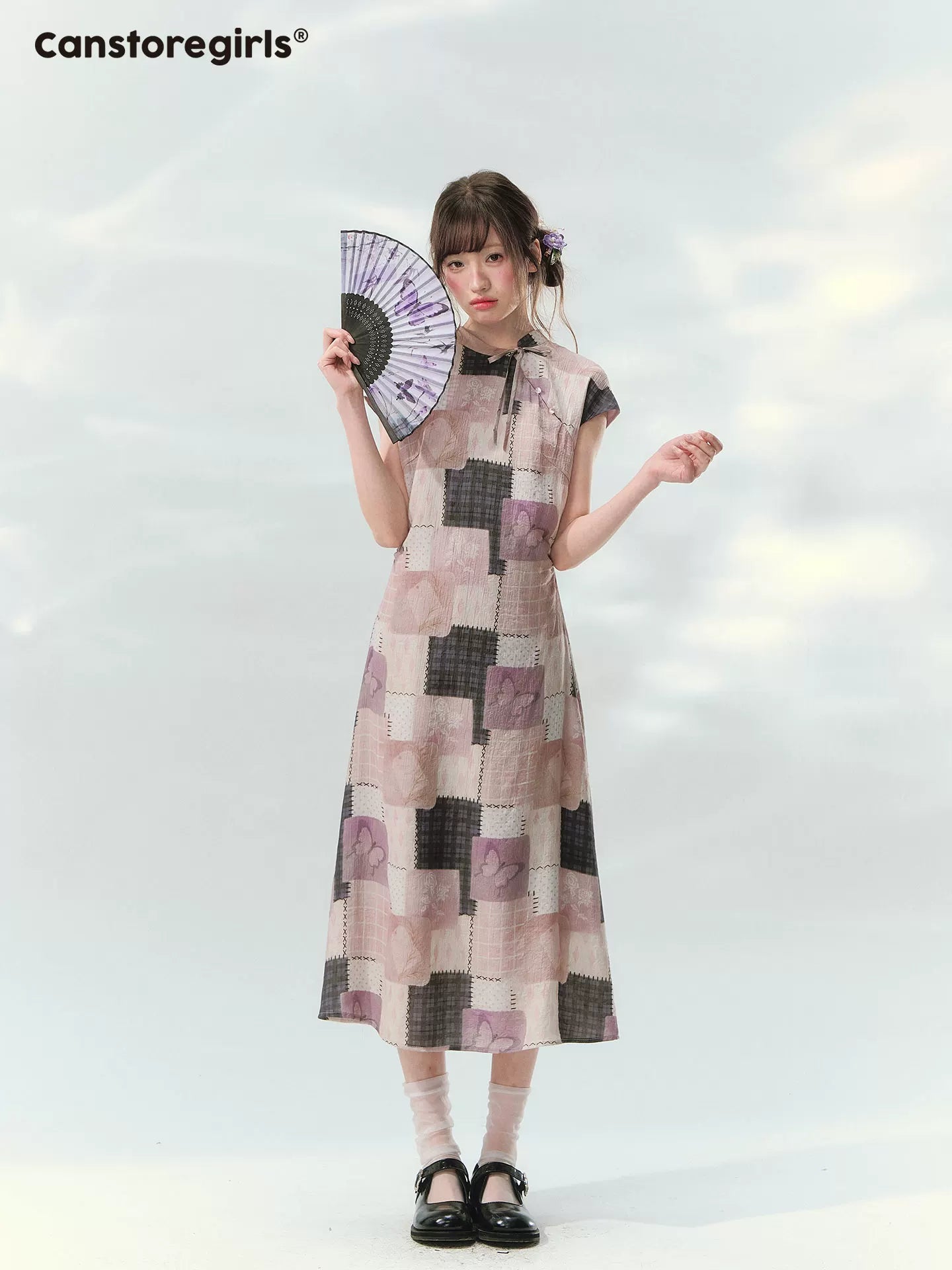 “Wisteria Poetry” Purple Patchwork Print Cheongsam Dress