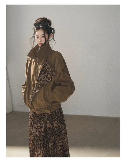 AOMALM - “Acorn & Fallen Leaves” Korean Leopard Print Chestnut Brown Faux Suede Jacket