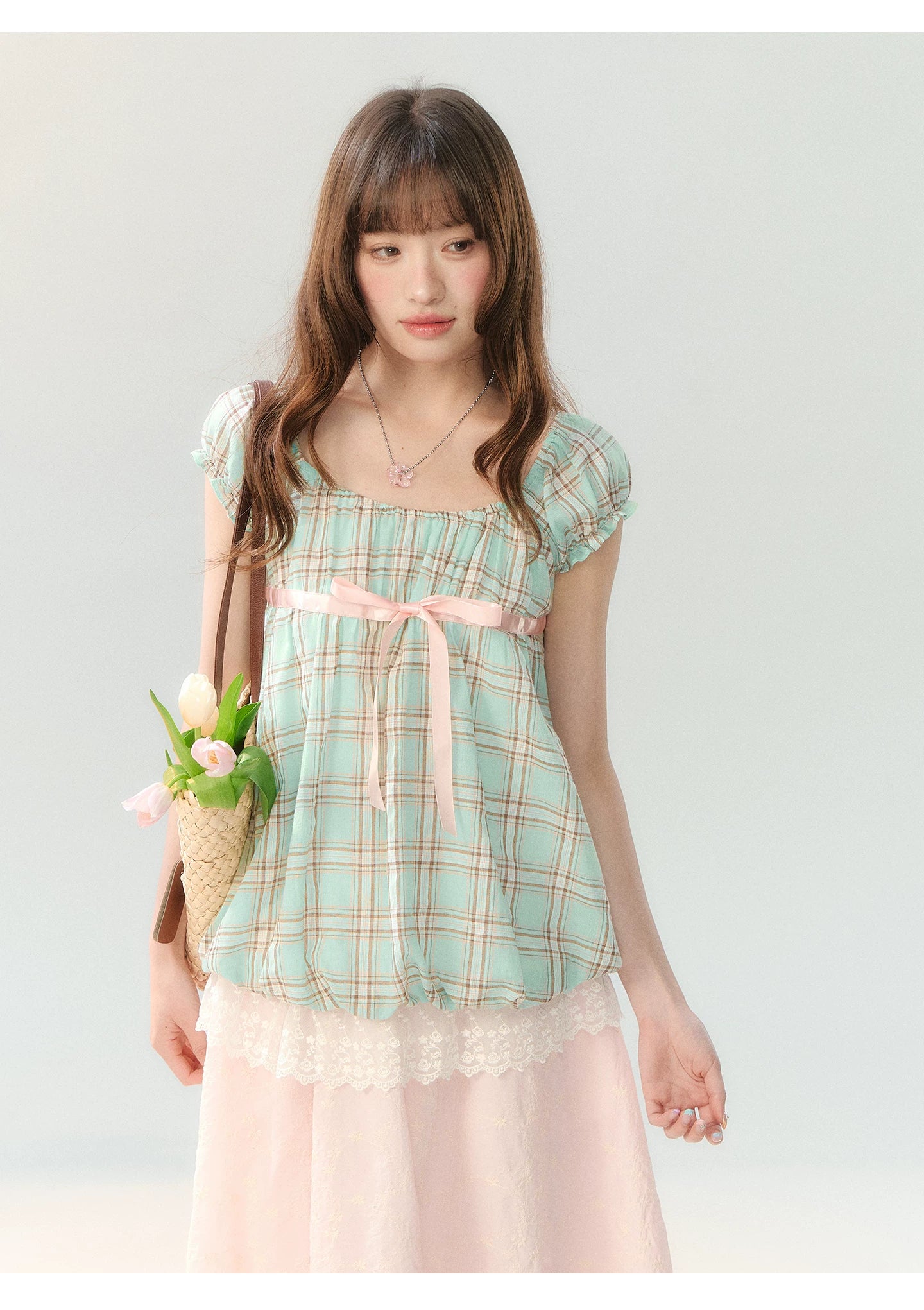 "Mint Peach Whisper" Mint Green Plaid Embroidered Skirt Set LL2026196
