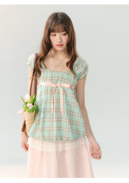 "Mint Peach Whisper" Mint Green Plaid Embroidered Skirt Set LL2026196