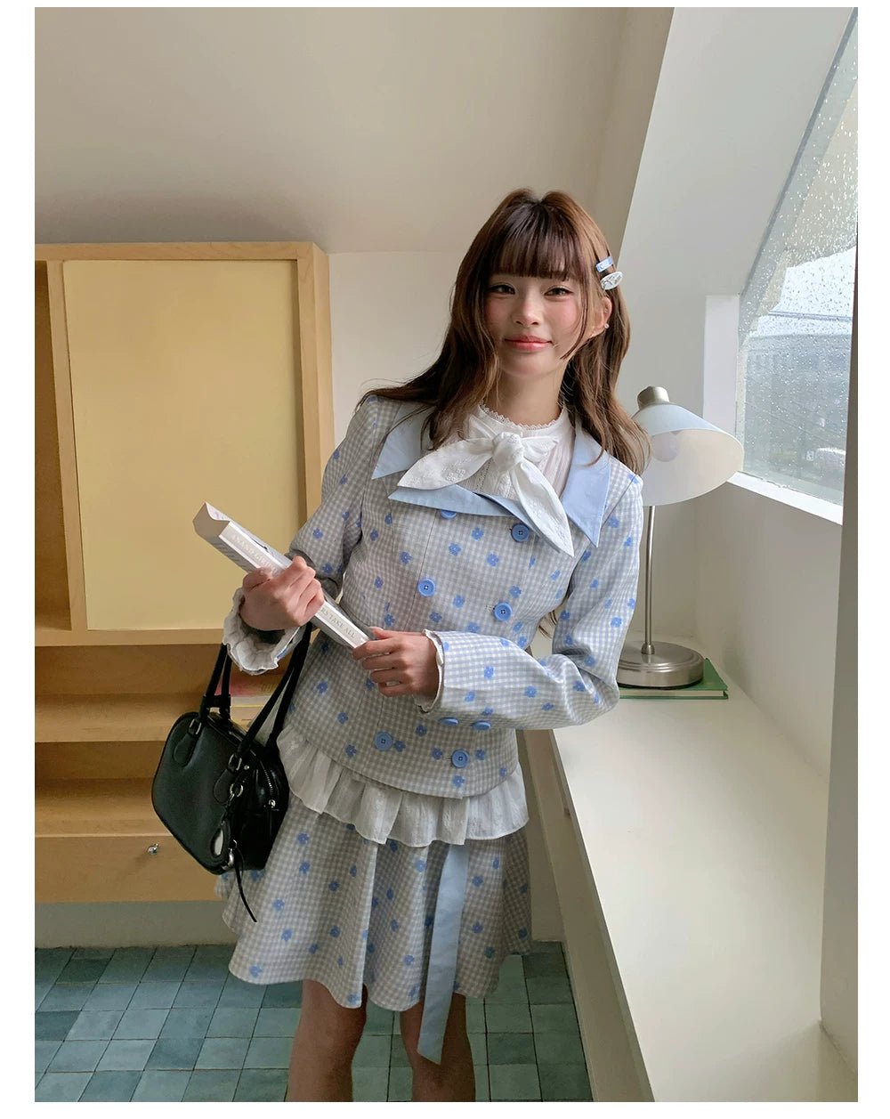 “Bluebell Letter” Light Blue Plaid Blazer Top & Ribbon Skirt