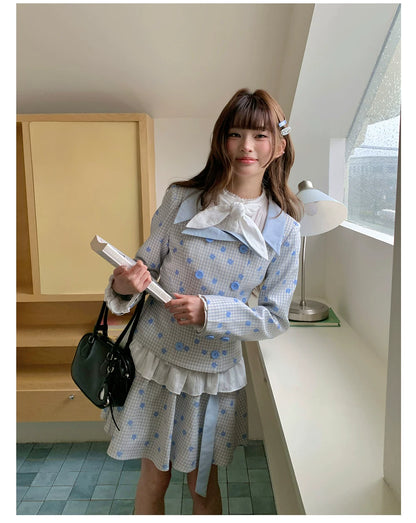 “Bluebell Letter” Light Blue Plaid Blazer Top & Ribbon Skirt