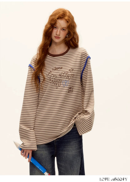 ASGONY - Striped Contrast Embroidered Shell Stitch T-Shirt